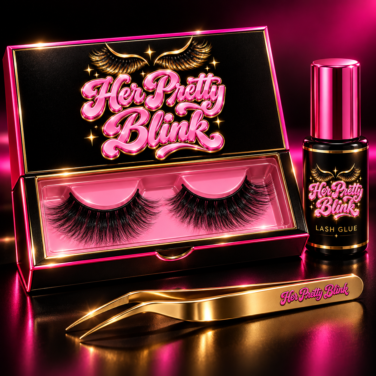Her Pretty Blink branded lash box, glue bottle, and gold tweezers